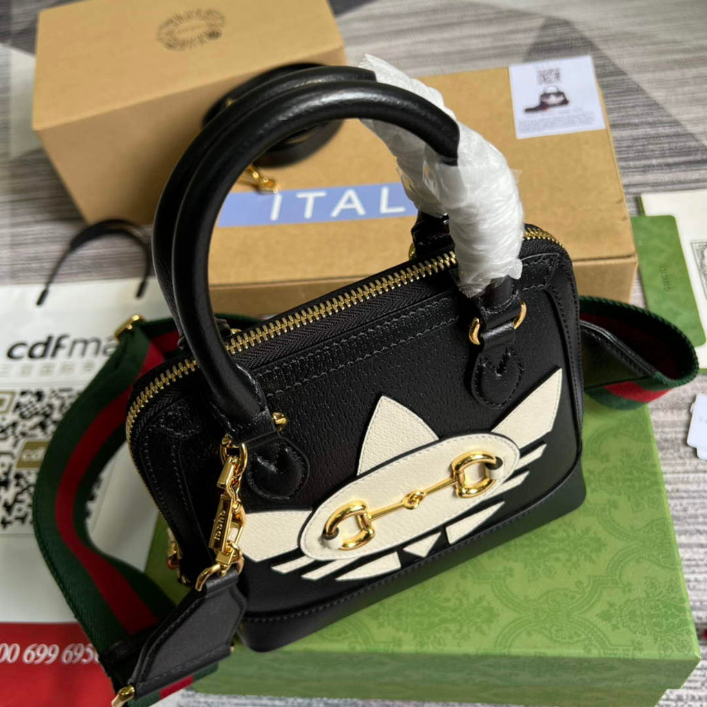 adidas x Gucci 677212 Horsebit 1955 mini bag Black and white leather