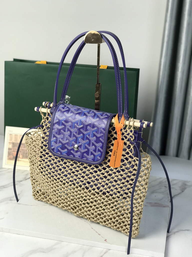 Goyard Aligre Bag, GY120182 Raffia Blue Leather
