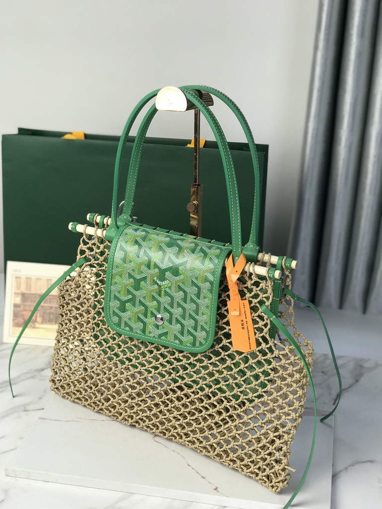 Goyard Aligre Bag, GY120182 Raffia Green Leather