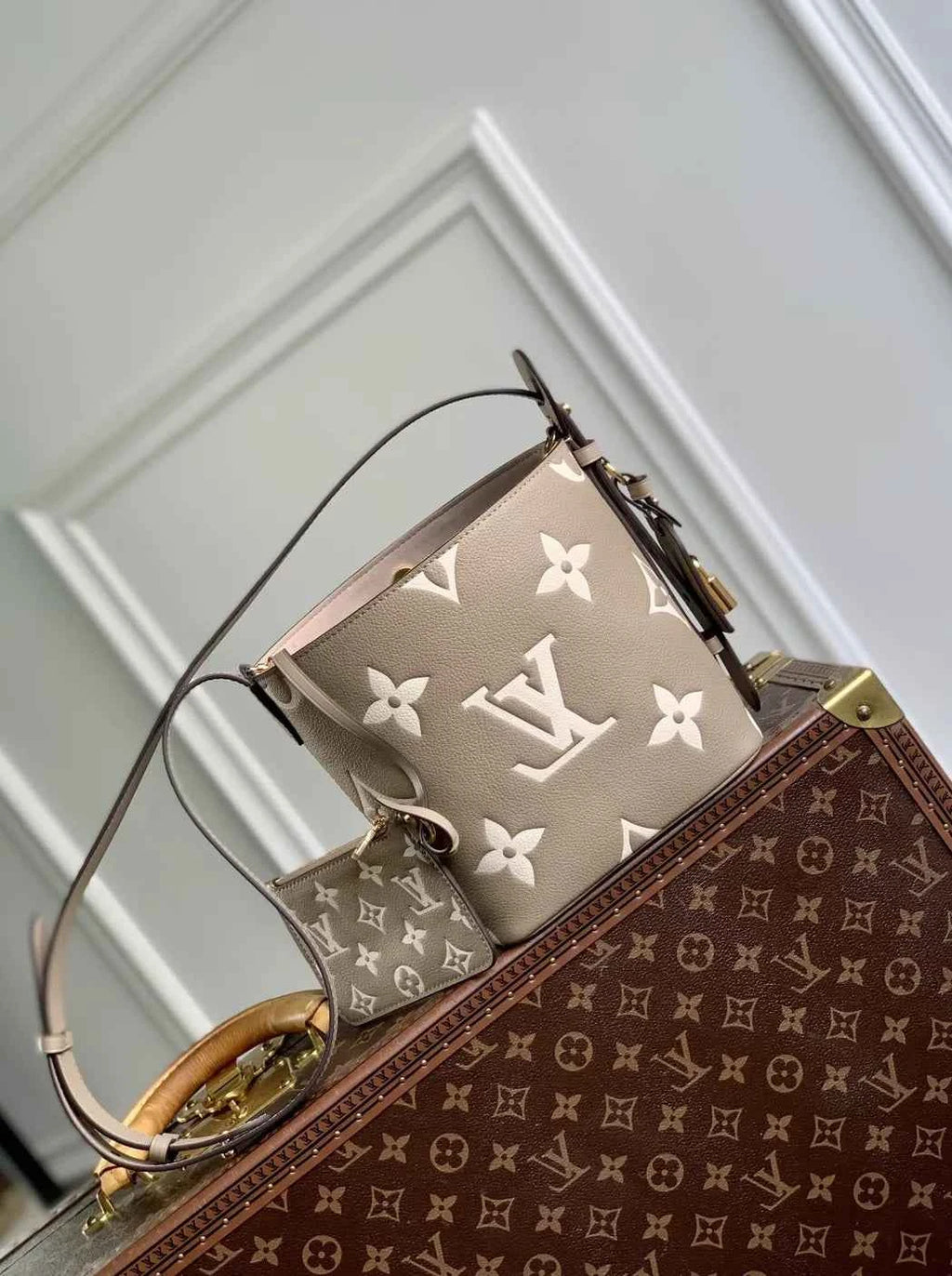 Louis Vuitton All In BB, M13045 Taupe Gray Cream White Leather
