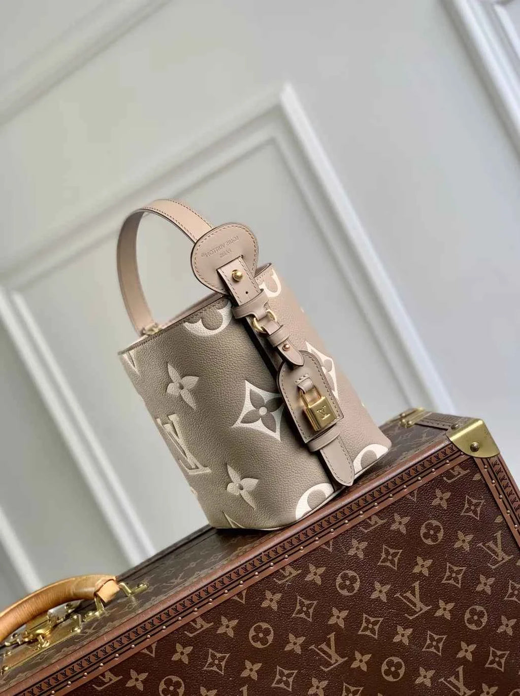 Louis Vuitton All In BB, M13045 Taupe Gray Cream White Leather