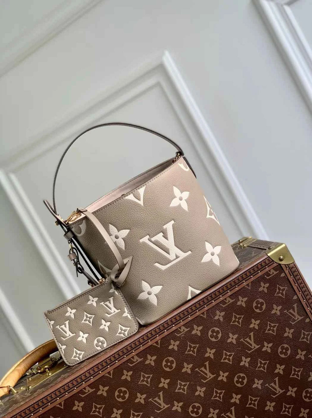 Louis Vuitton All In BB, M13045 Taupe Gray Cream White Leather
