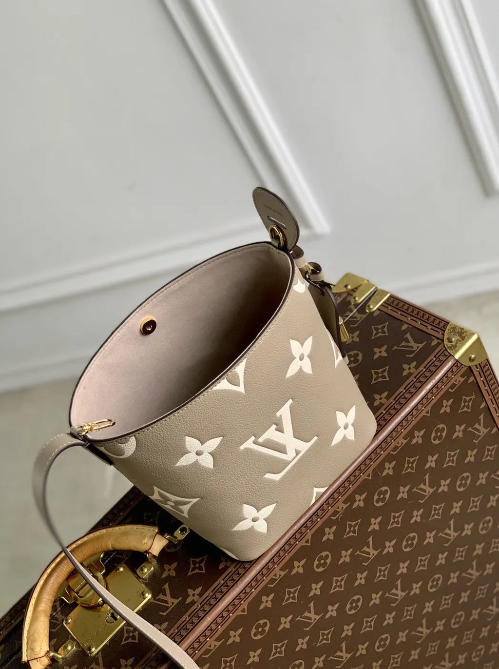 Louis Vuitton All In BB, M13045 Taupe Gray Cream White Leather