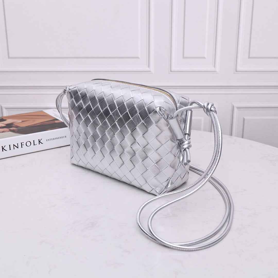 Bottega Veneta Small Loop Camera Bag 723548 Silver Intrecciato leather