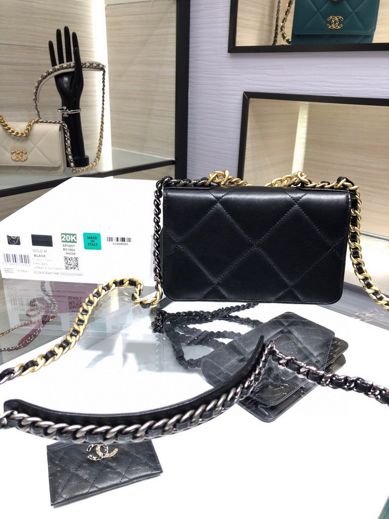 Chanel 19 AP0957 wallet on chain bag Lambskin Black Gold