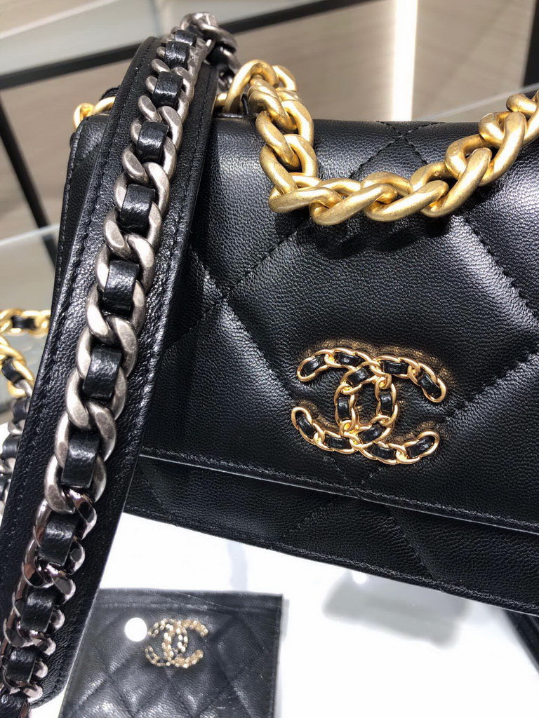 Chanel 19 AP0957 wallet on chain bag Lambskin Black Gold