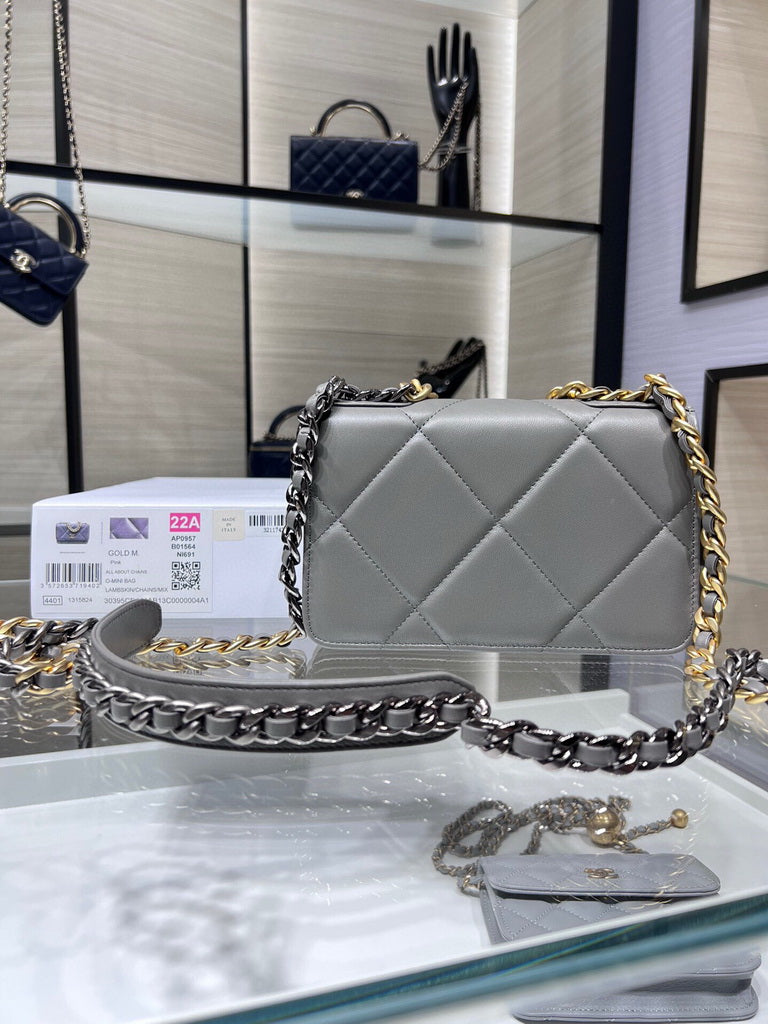 Chanel 19 AP0957 wallet on chain bag Lambskin Gray Gold