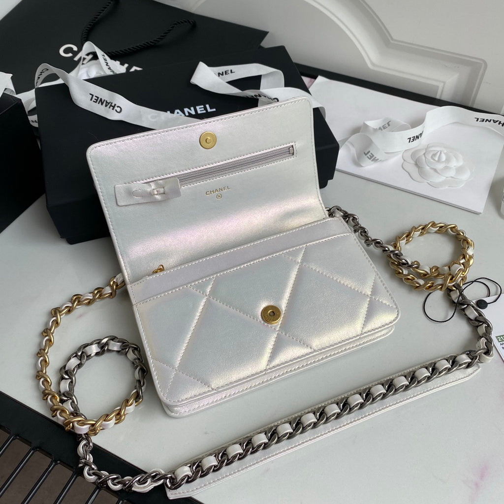 Chanel 19 AP0957 wallet on chain bag Lambskin Silver White