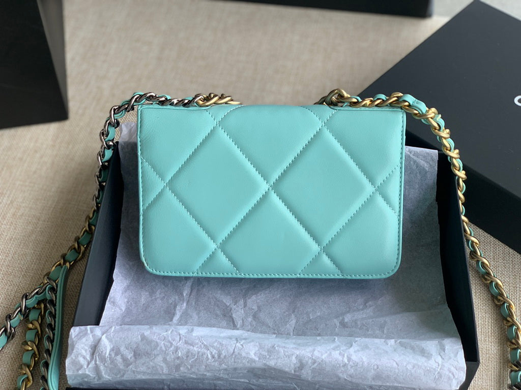 Chanel 19 AP0957 wallet on chain bag Lambskin Blue Gold