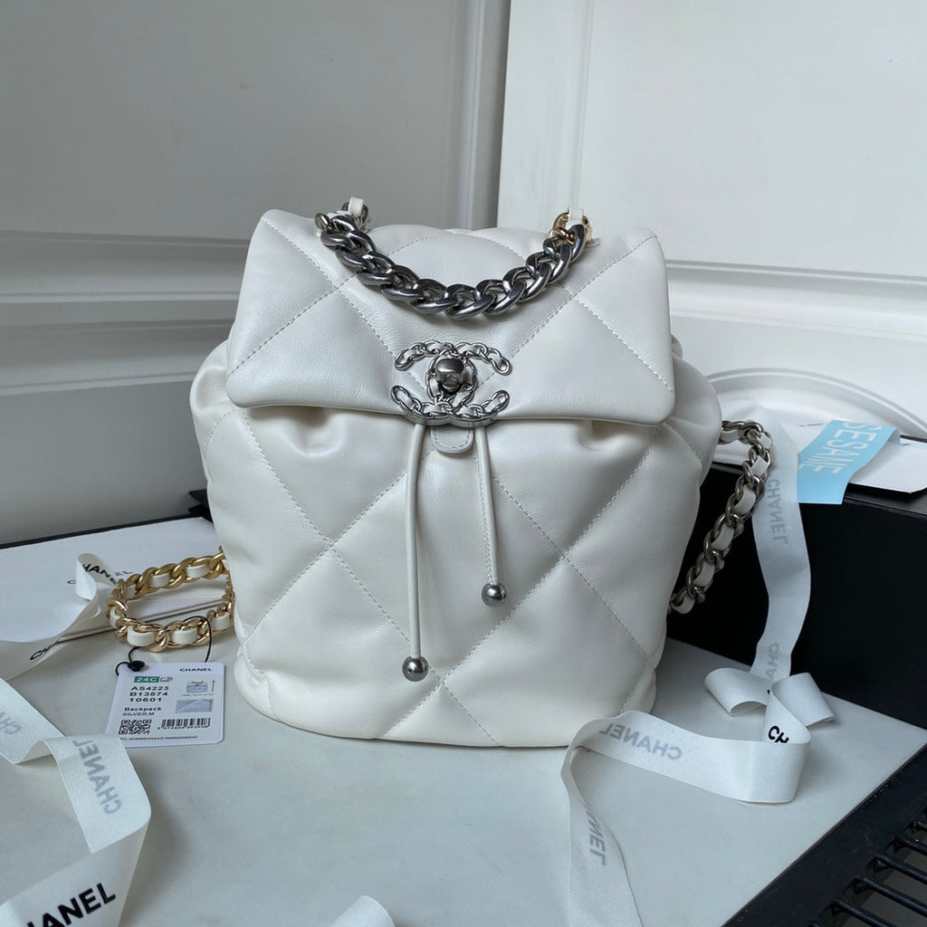 Chanel 19 Backpack AS4223 Lambskin  Silver & Gold Tone White