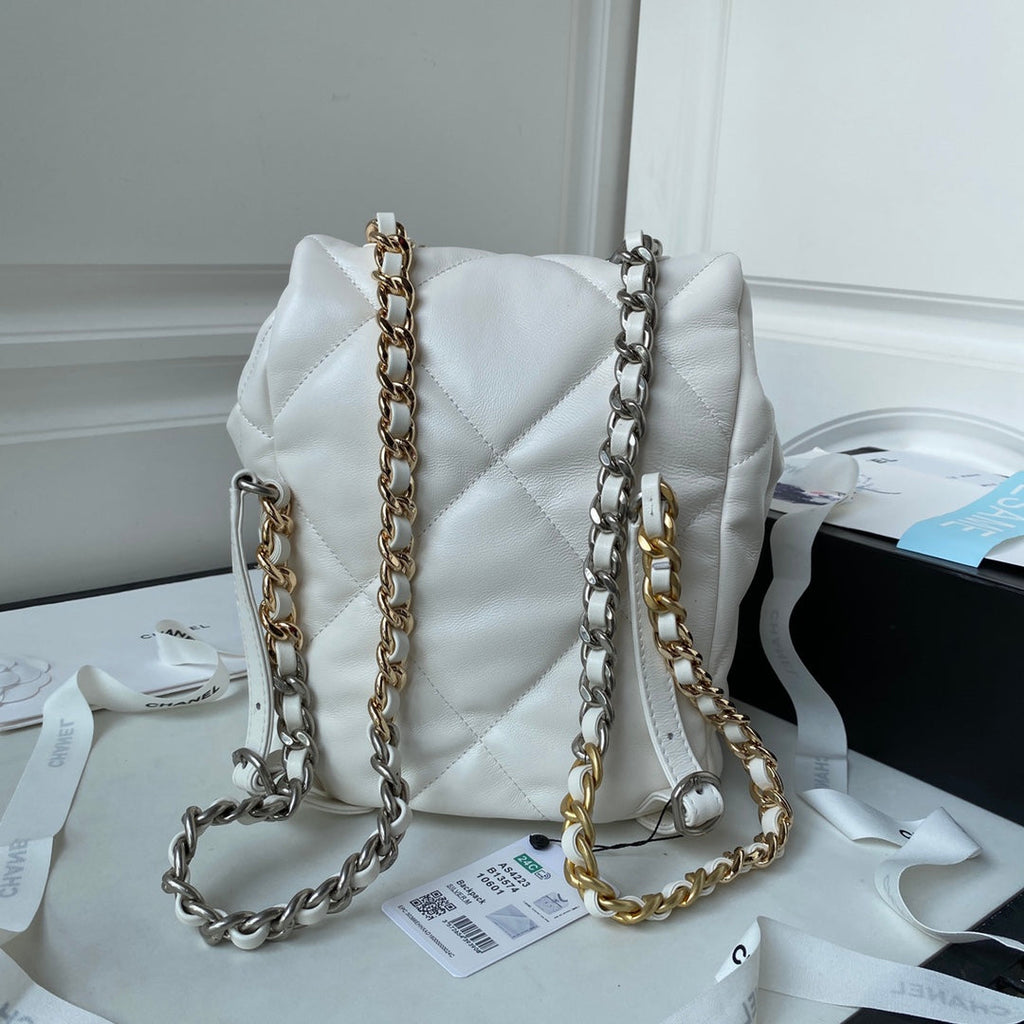 Chanel 19 Backpack AS4223 Lambskin  Silver & Gold Tone White