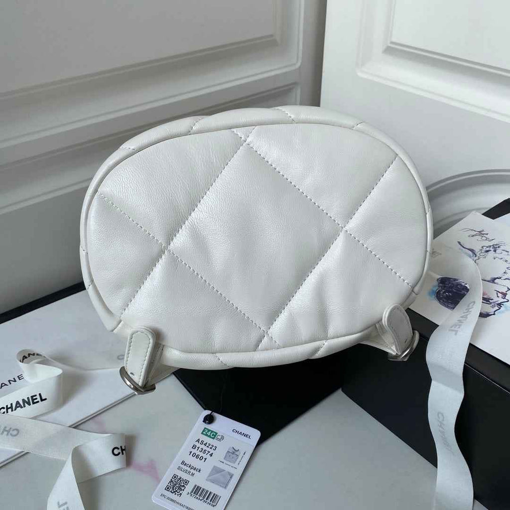 Chanel 19 Backpack AS4223 Lambskin  Silver & Gold Tone White