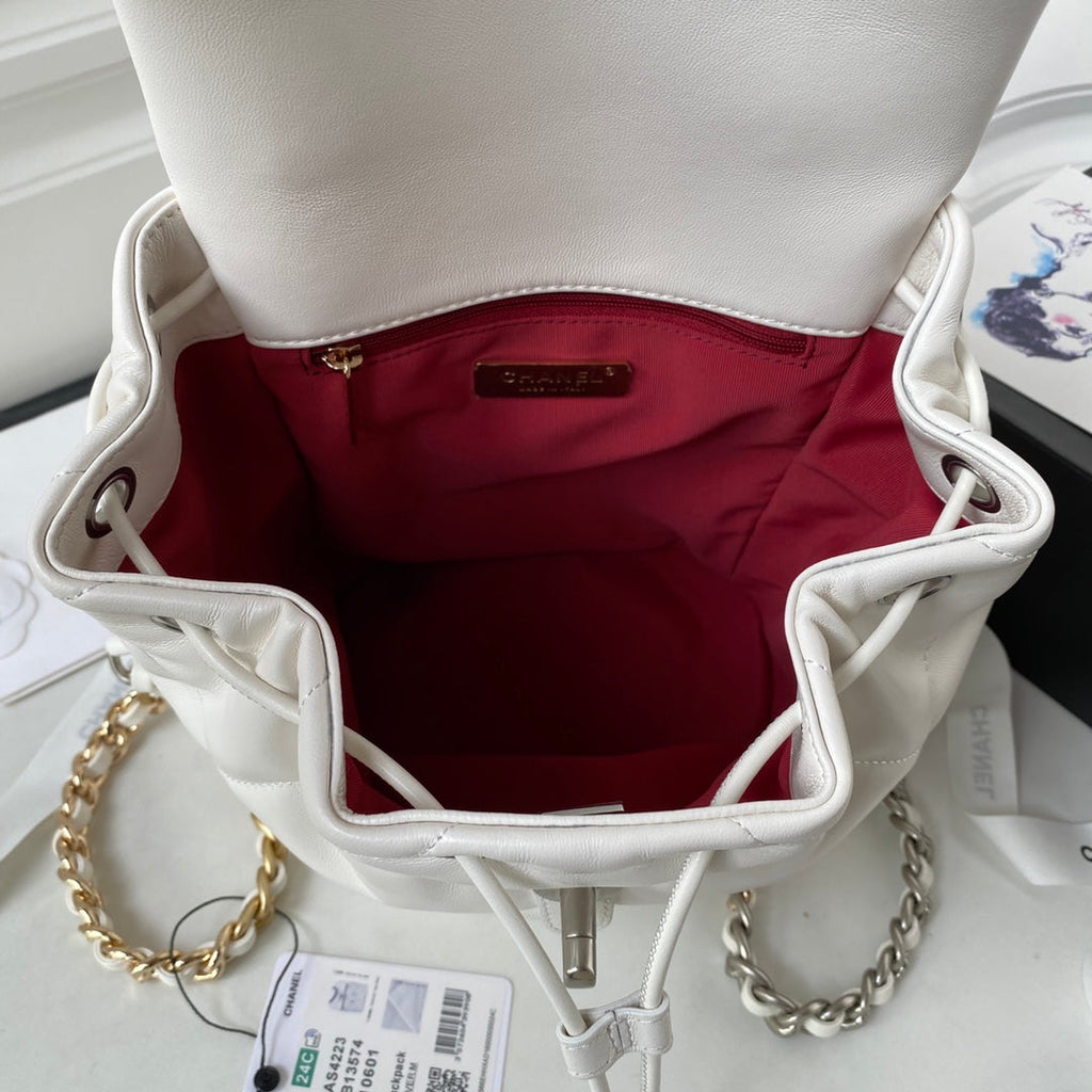 Chanel 19 Backpack AS4223 Lambskin  Silver & Gold Tone White