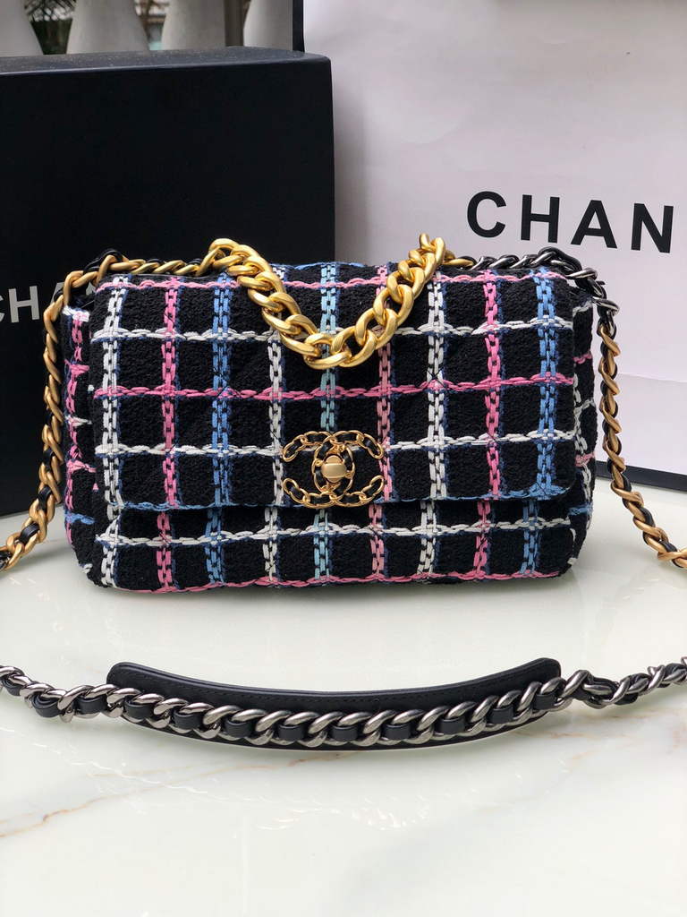 Chanel 19 handbags AS1160 Cotton Tweed black blue