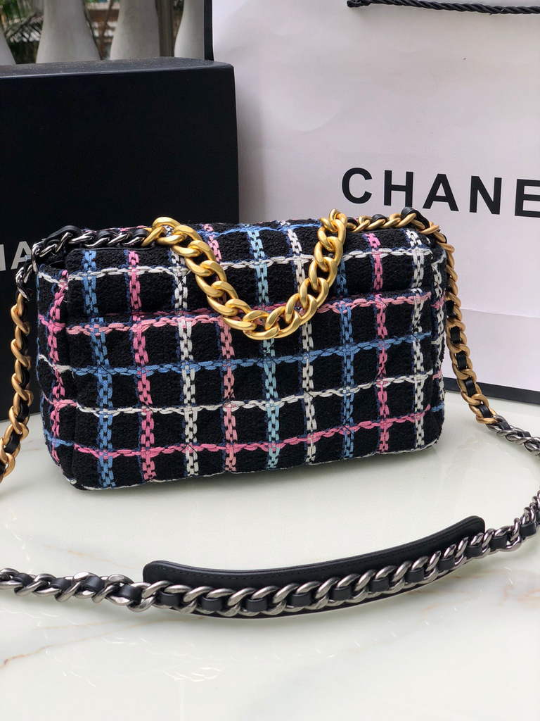 Chanel 19 handbags AS1160 Cotton Tweed black blue