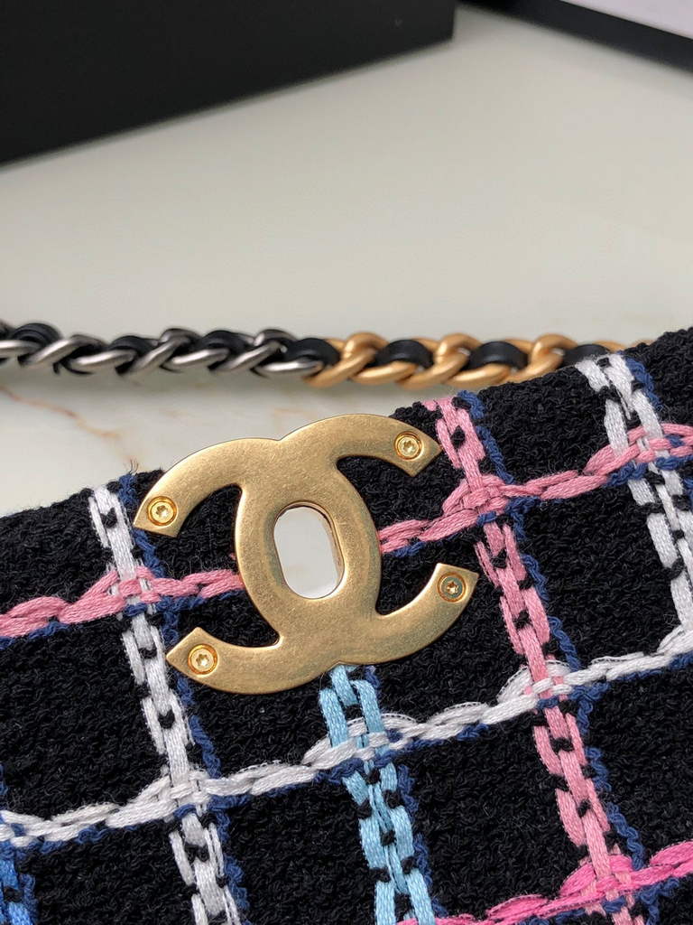 Chanel 19 handbags AS1160 Cotton Tweed black blue