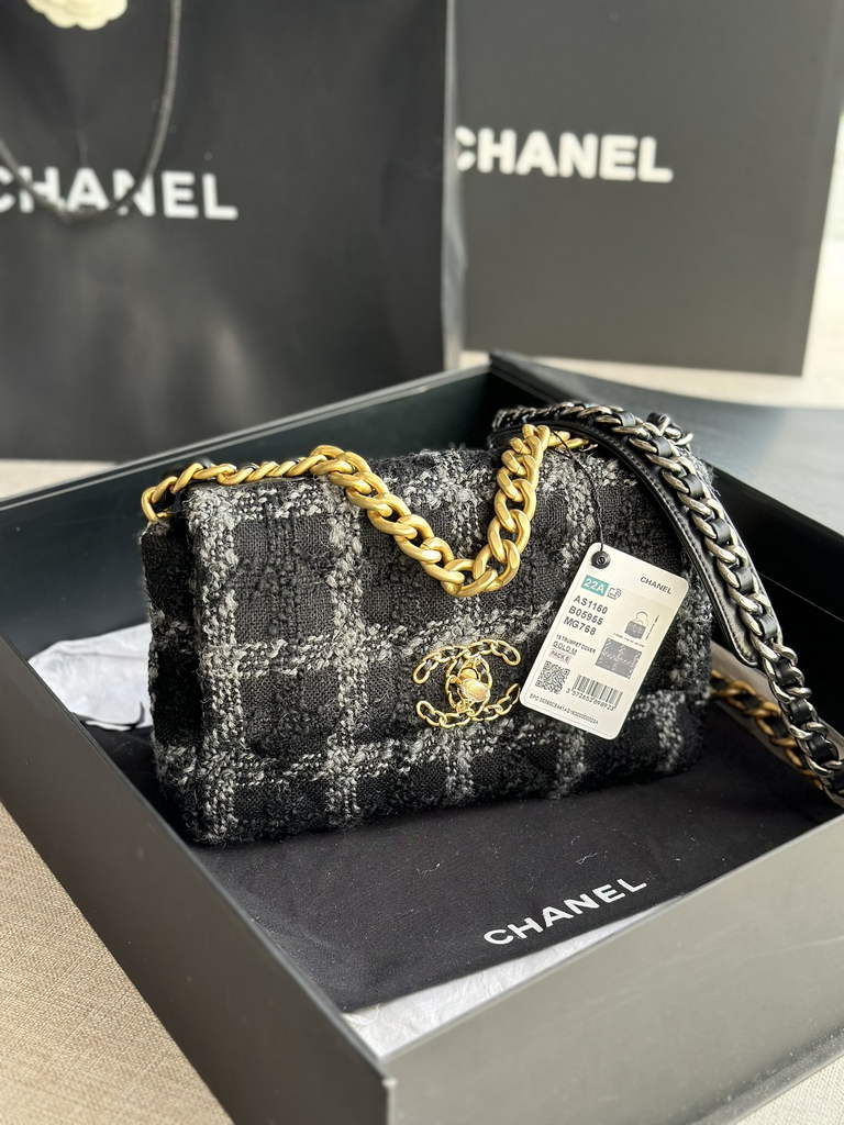 Chanel 19 handbags AS1160 Cotton Tweed Black Gray