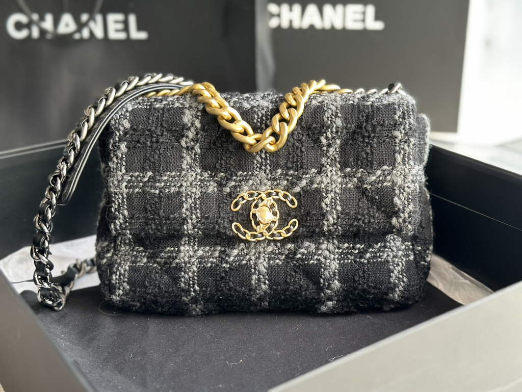 Chanel 19 handbags AS1160 Cotton Tweed Black Gray