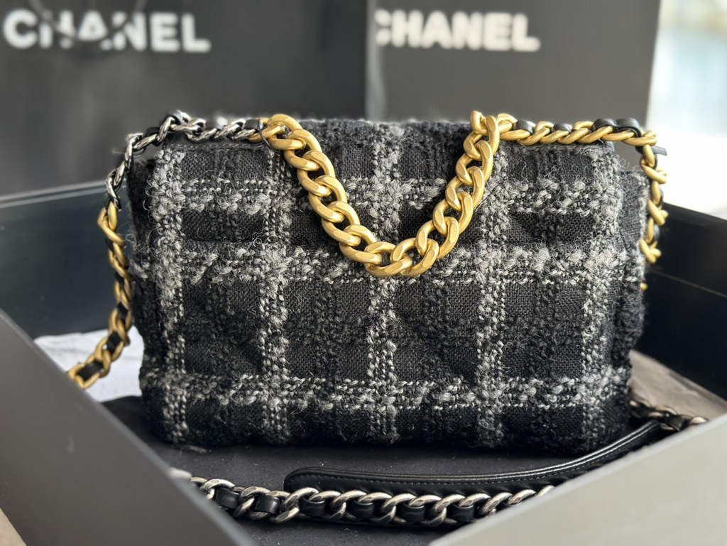 Chanel 19 handbags AS1160 Cotton Tweed Black Gray