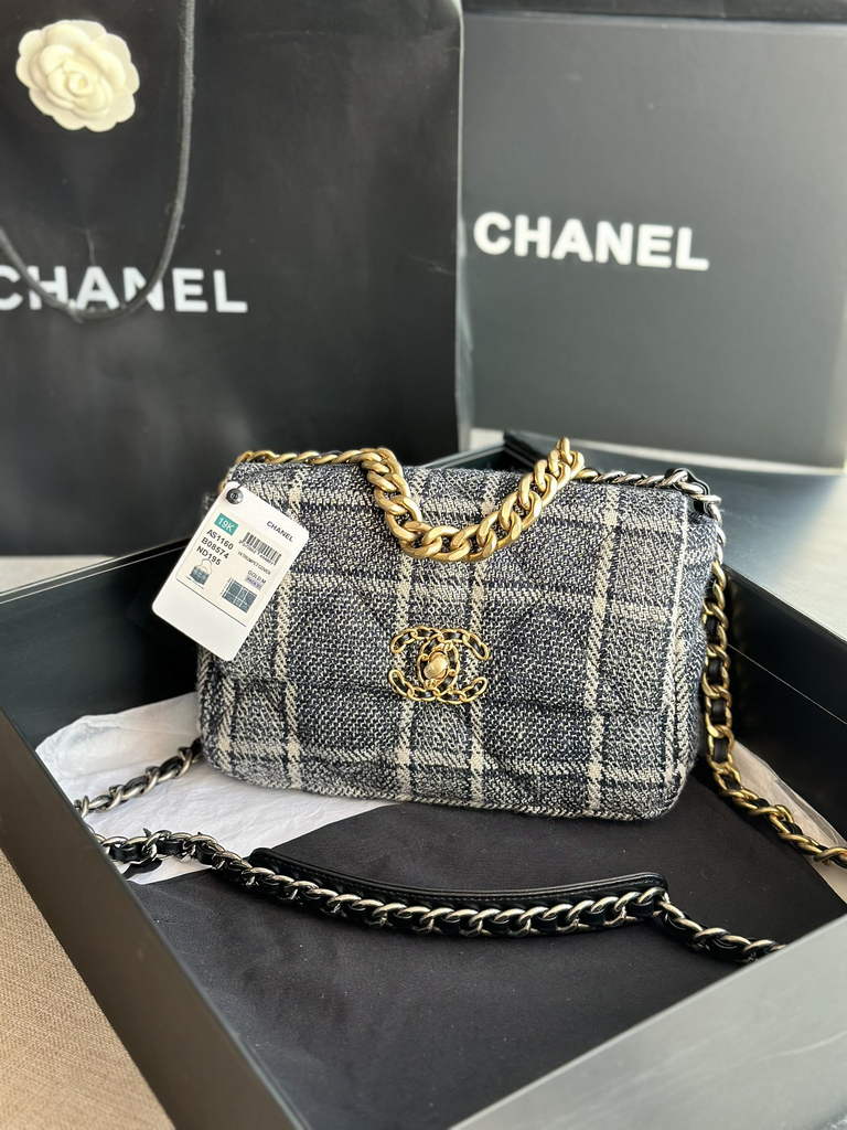 Chanel 19 handbags AS1160 Cotton Tweed beige Black