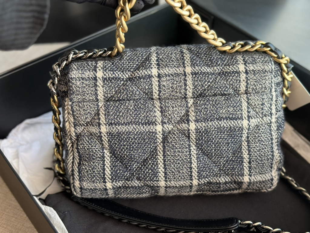 Chanel 19 handbags AS1160 Cotton Tweed beige Black