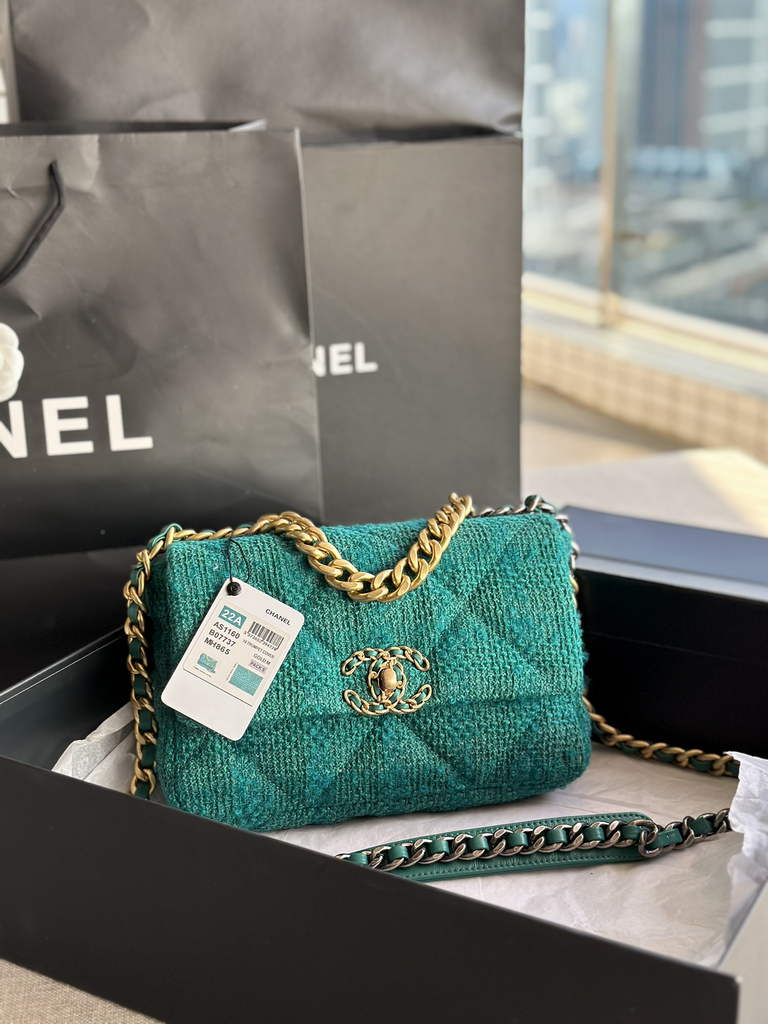 Chanel 19 handbags AS1160 Cotton Tweed Green