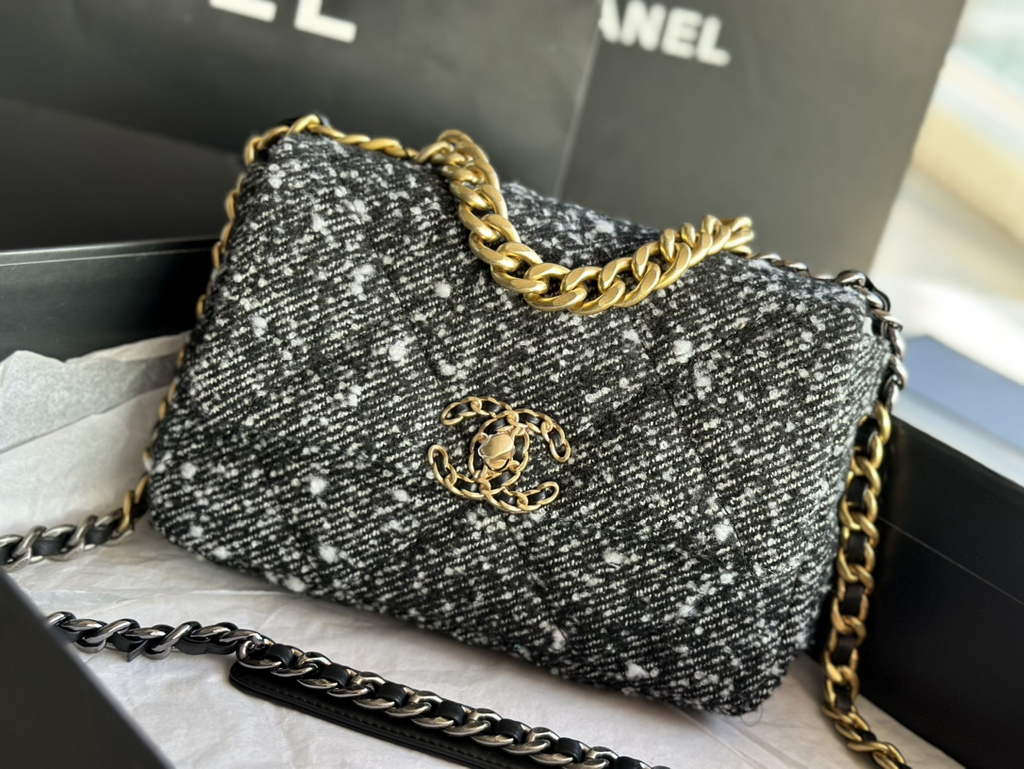 Chanel 19 handbags AS1160 Cotton Tweed Black beige