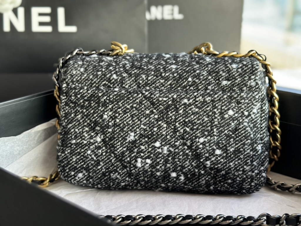 Chanel 19 handbags AS1160 Cotton Tweed Black beige