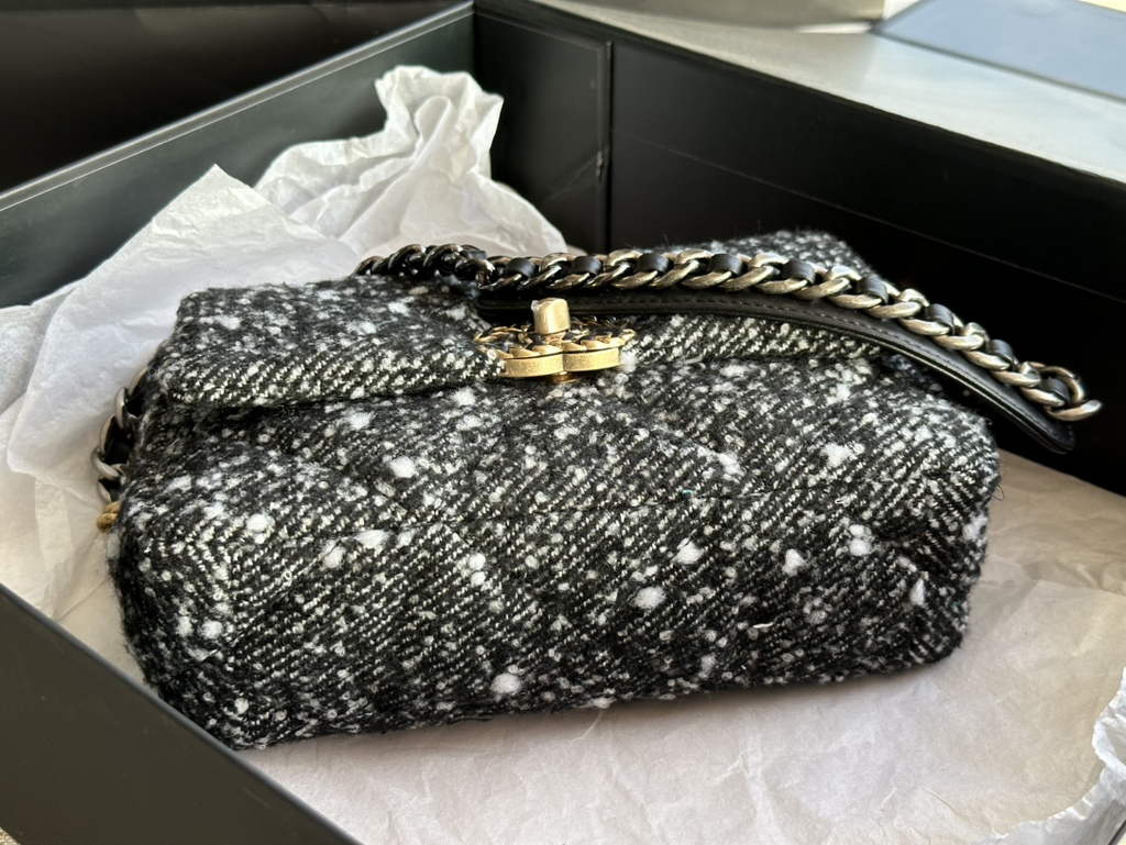 Chanel 19 handbags AS1160 Cotton Tweed Black beige