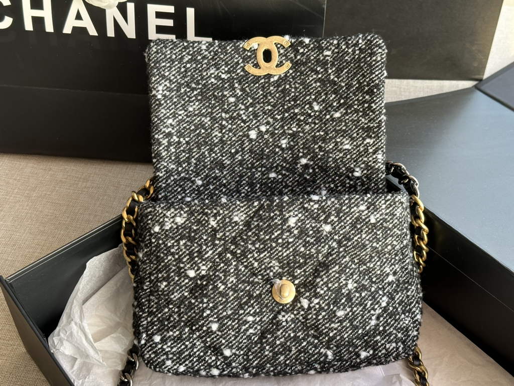 Chanel 19 handbags AS1160 Cotton Tweed Black beige