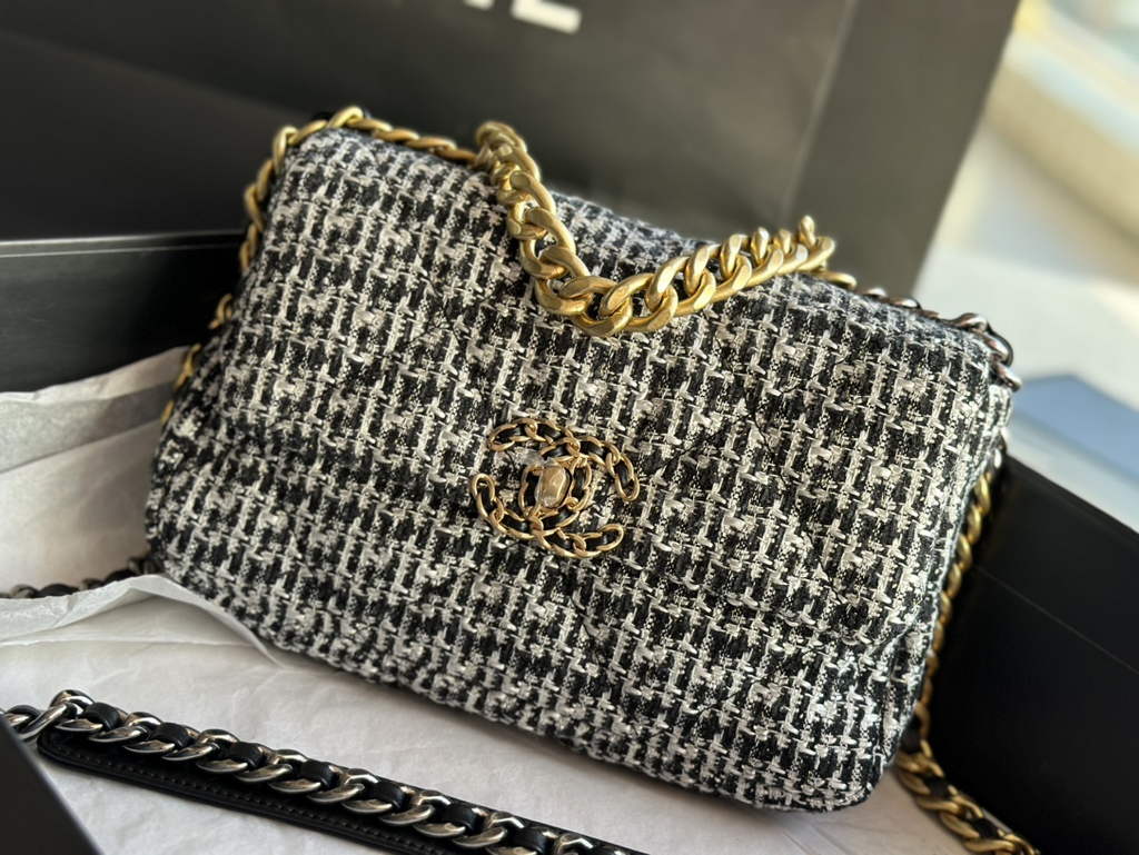 Chanel 19 handbags AS1160 Cotton Tweed Black