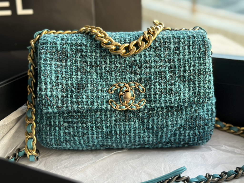 Chanel 19 handbags AS1160 Cotton Tweed blue