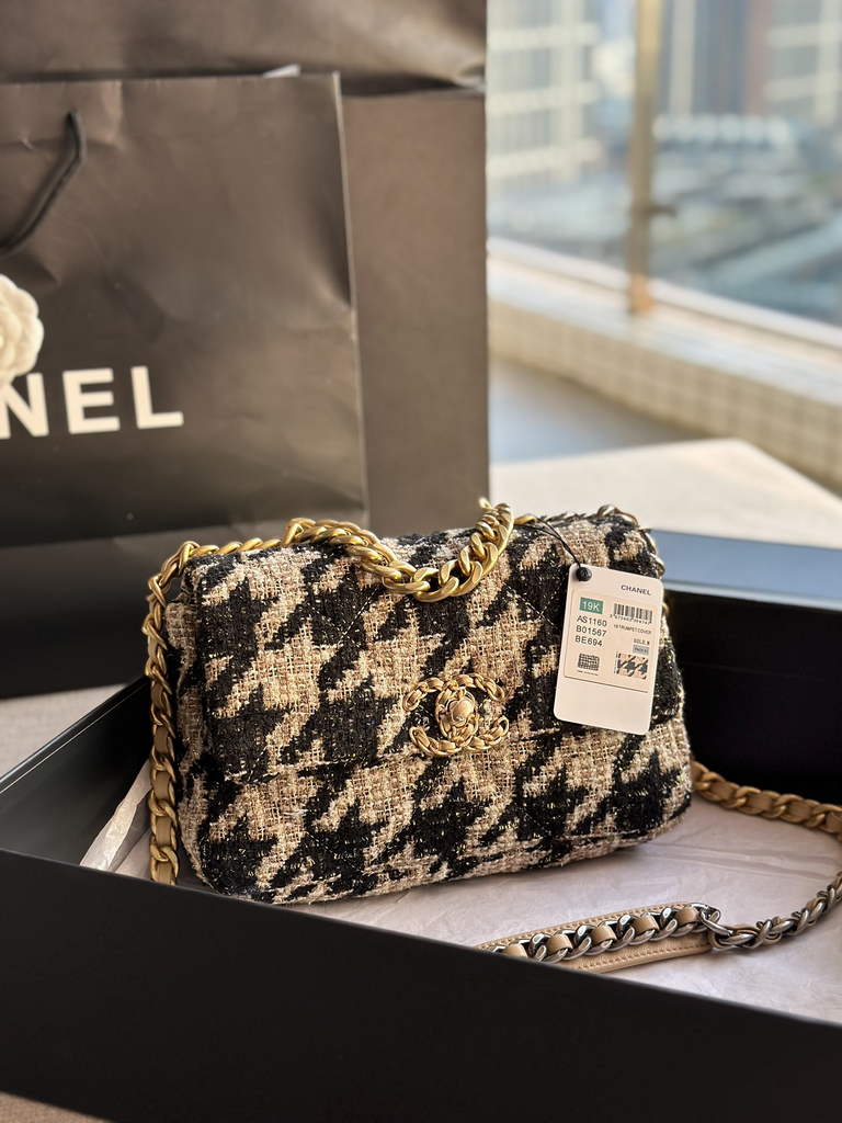 Chanel 19 handbags AS1160 Cotton Tweed black apricot