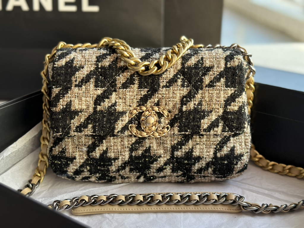 Chanel 19 handbags AS1160 Cotton Tweed black apricot