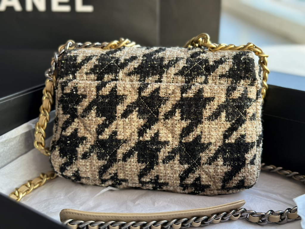 Chanel 19 handbags AS1160 Cotton Tweed black apricot