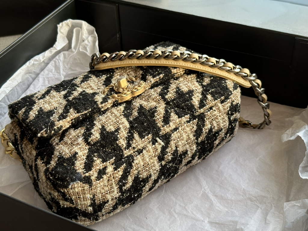 Chanel 19 handbags AS1160 Cotton Tweed black apricot