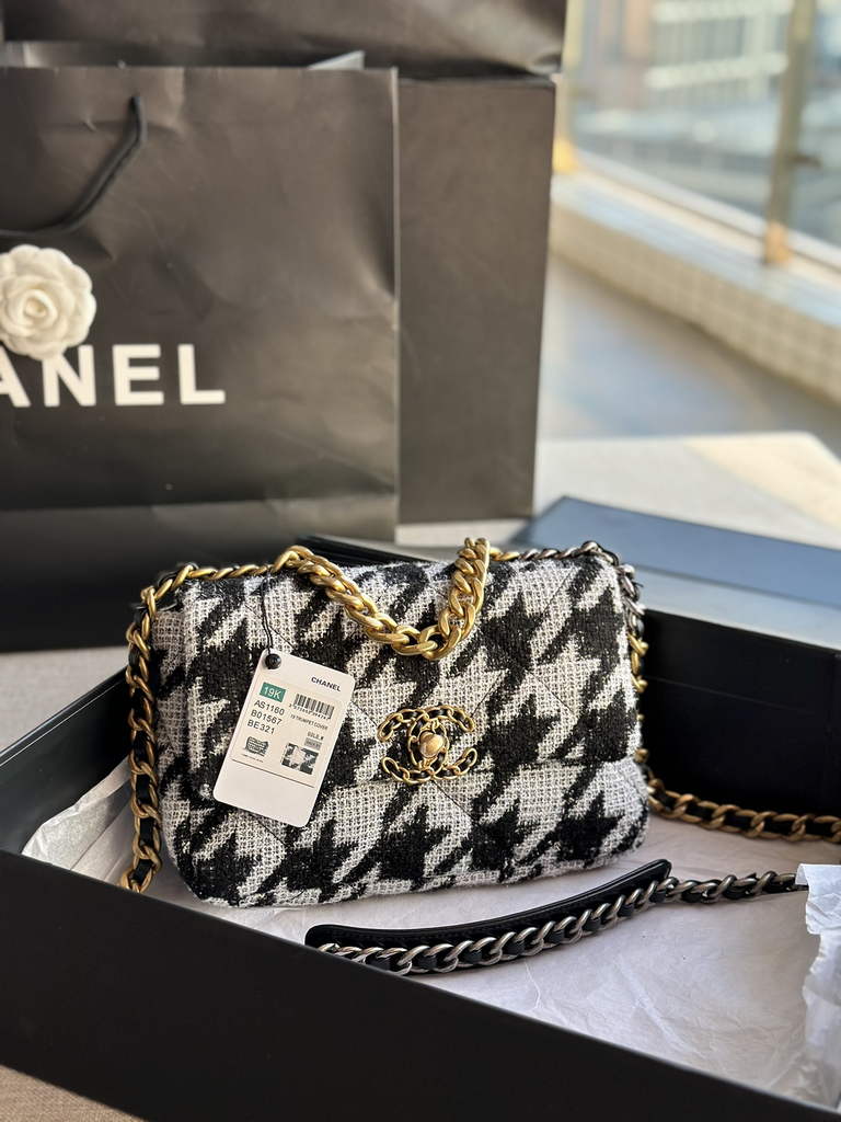 Chanel 19 handbags AS1160 Cotton Tweed black white