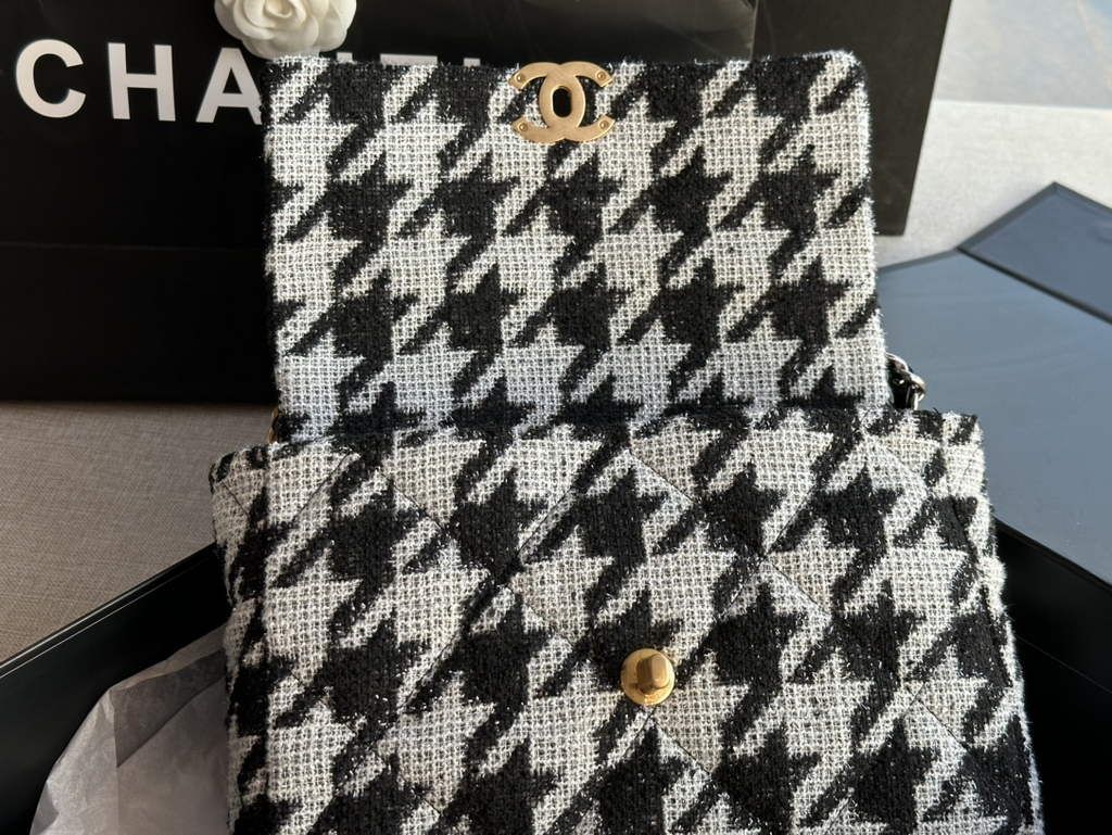 Chanel 19 handbags AS1160 Cotton Tweed black white