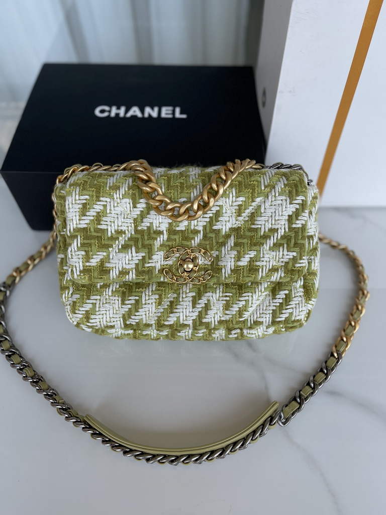 Chanel 19 handbags AS1160 Cotton Tweed Green white
