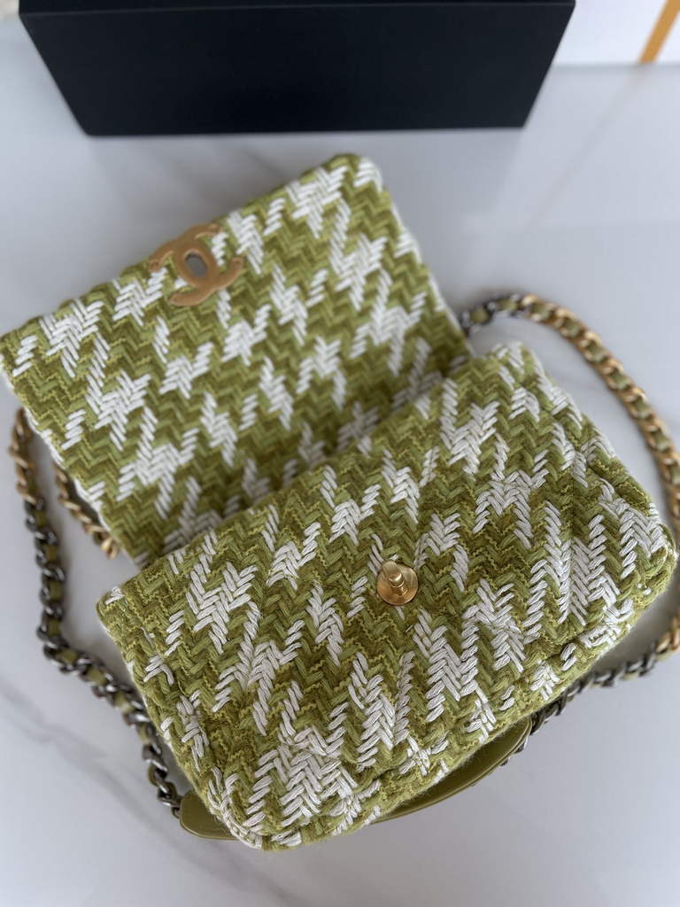 Chanel 19 handbags AS1160 Cotton Tweed Green white