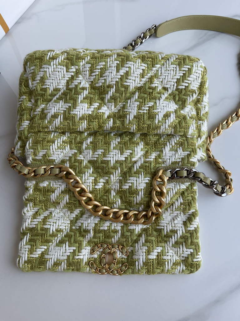 Chanel 19 handbags AS1160 Cotton Tweed Green white