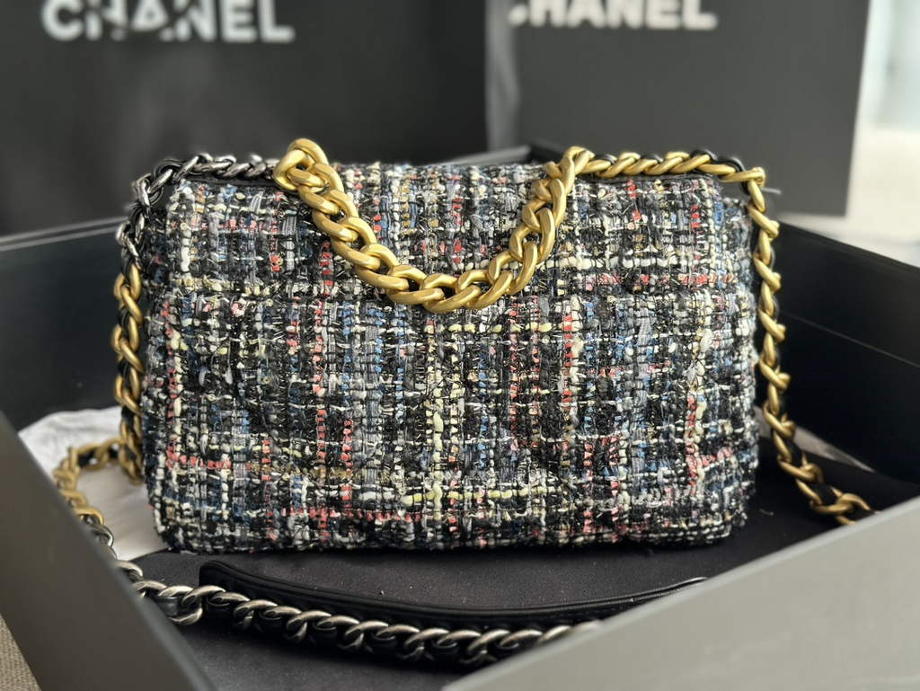 Chanel 19 handbags AS1160 Cotton Tweed Beige Black