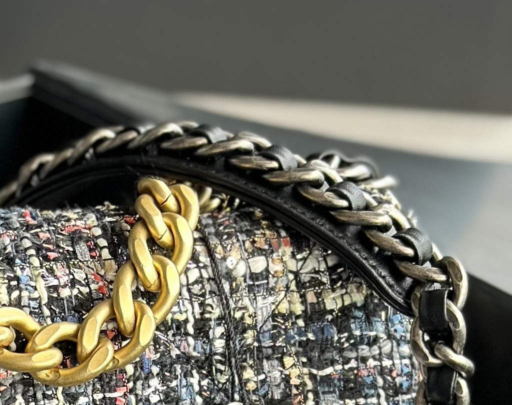 Chanel 19 handbags AS1160 Cotton Tweed Beige Black