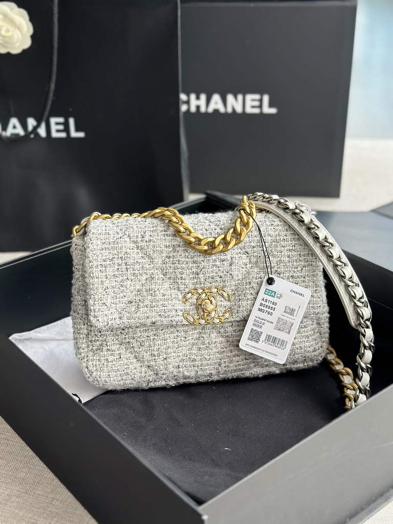 Chanel 19 handbags AS1160 Cotton Tweed Gray