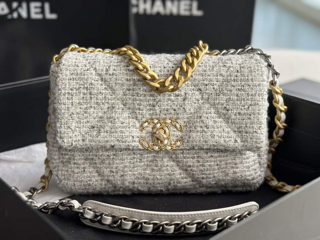 Chanel 19 handbags AS1160 Cotton Tweed Gray