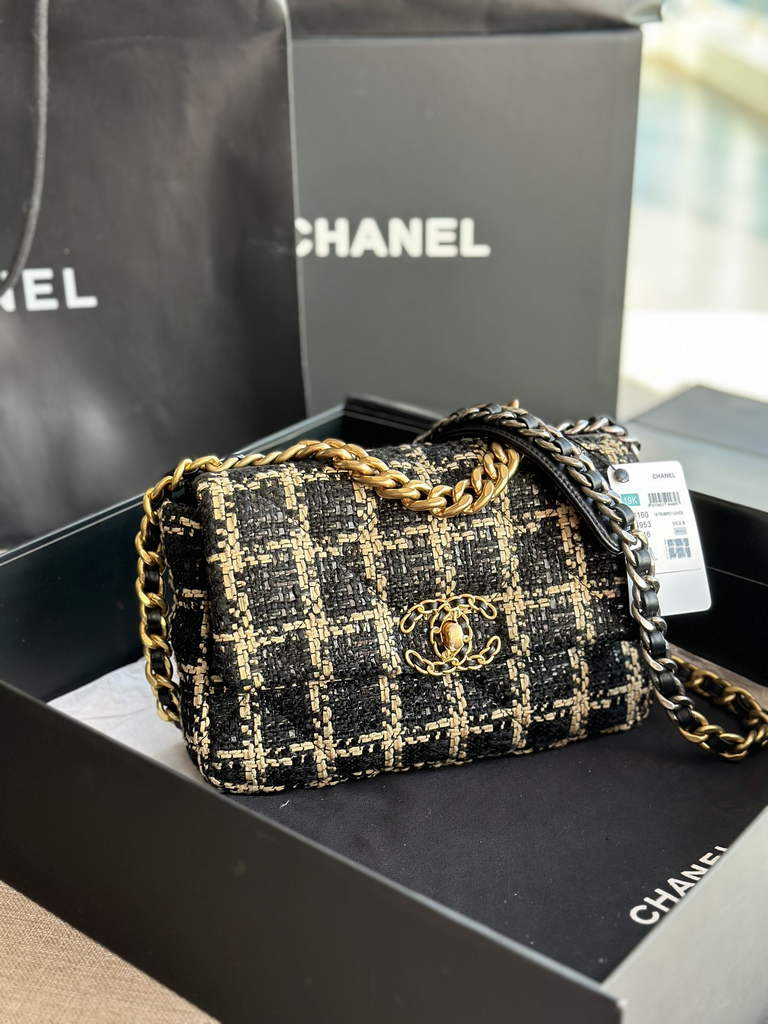 Chanel 19 handbags AS1160 Cotton Tweed Black beige