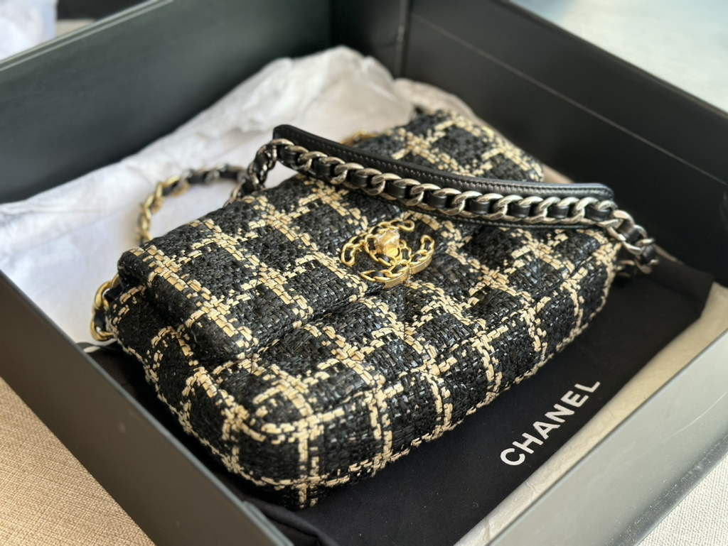 Chanel 19 handbags AS1160 Cotton Tweed Black beige