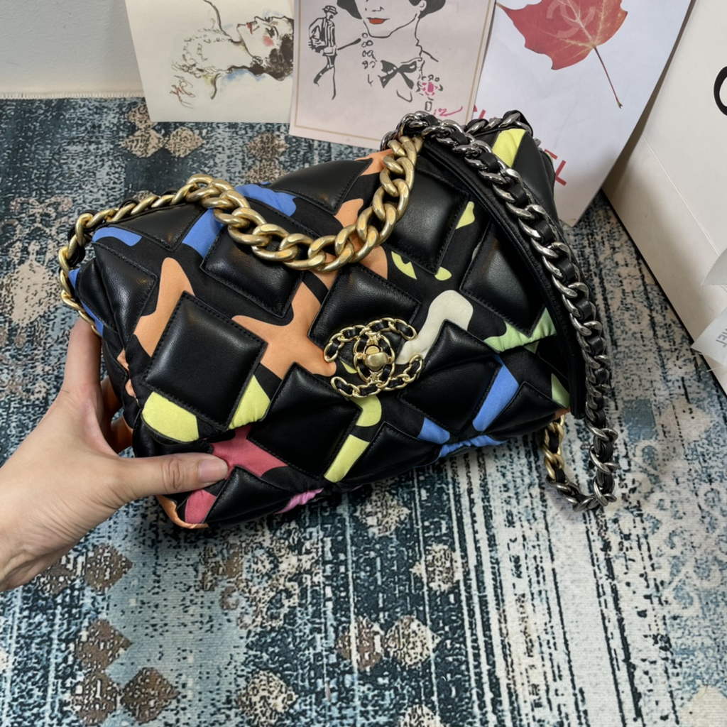 Chanel 19 handbags AS1160 Lambskin Calfskin black leather