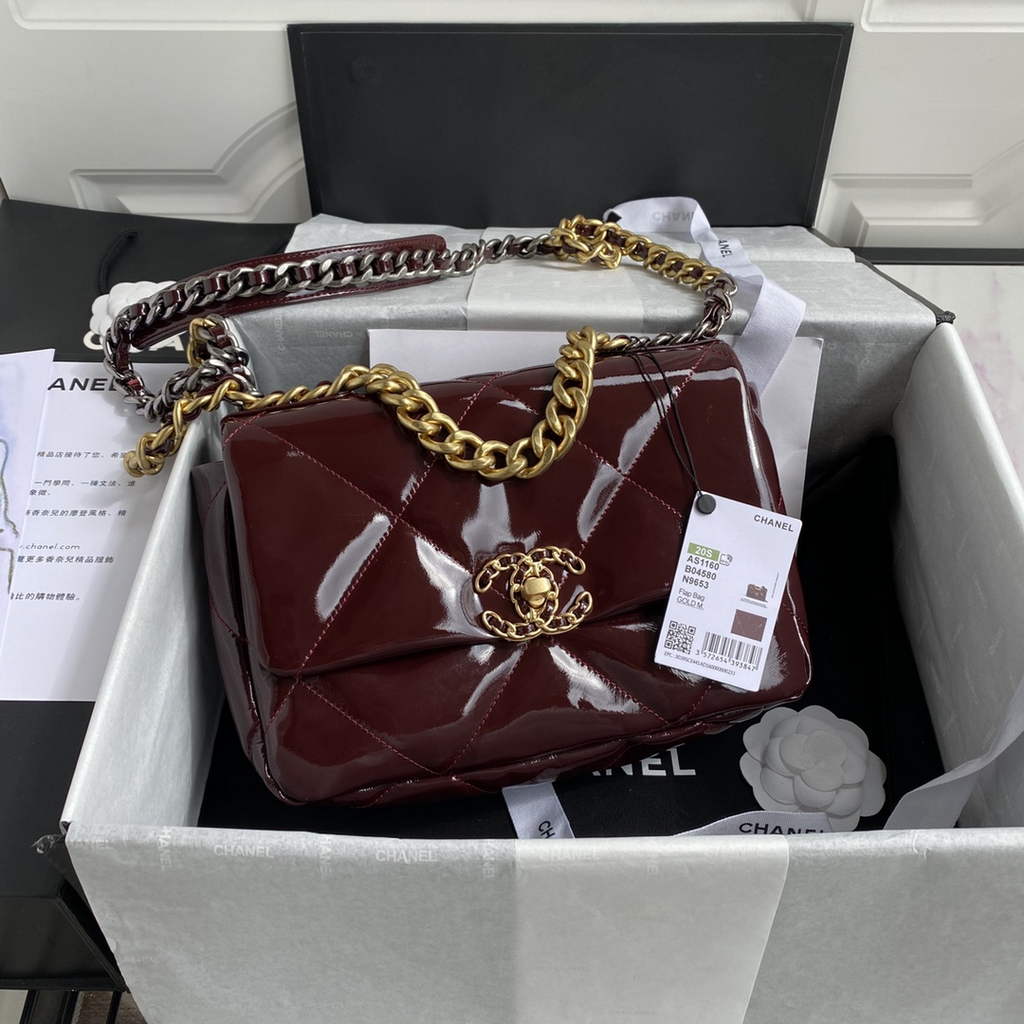 Chanel 19 handbags AS1160 Glossy Calfskin Wine Red