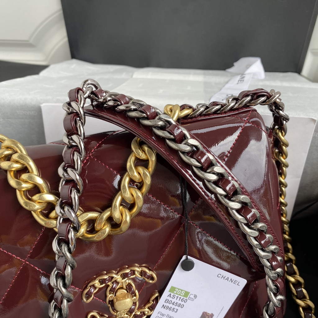 Chanel 19 handbags AS1160 Glossy Calfskin Wine Red